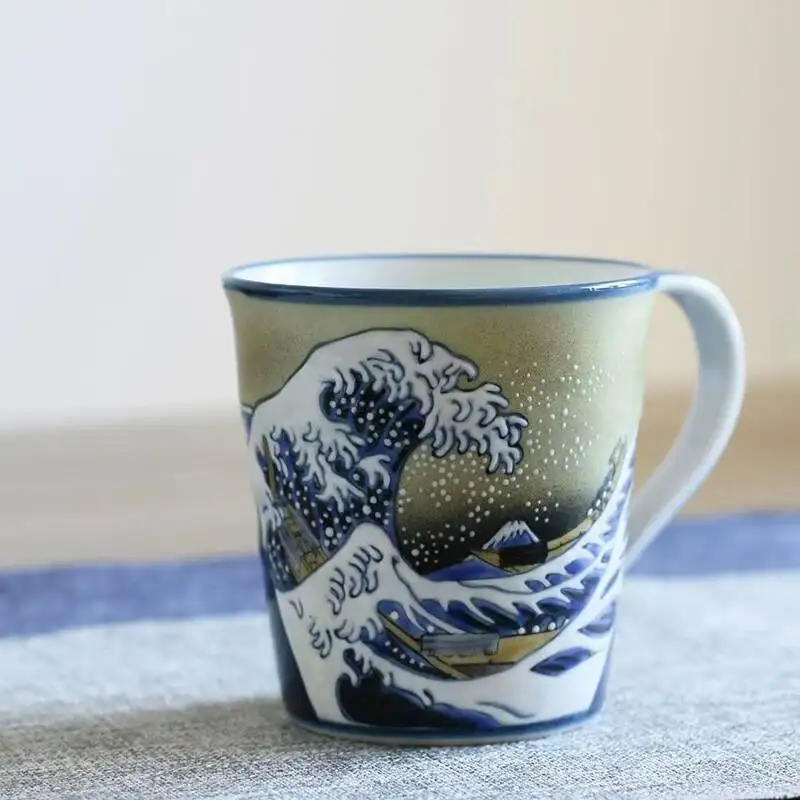 In Stock Japanese Imported Kutani Ware Ukiyo-E Hokusai Artwork The Great Wave Off Kanagawa Mug Ceramic Water Cup