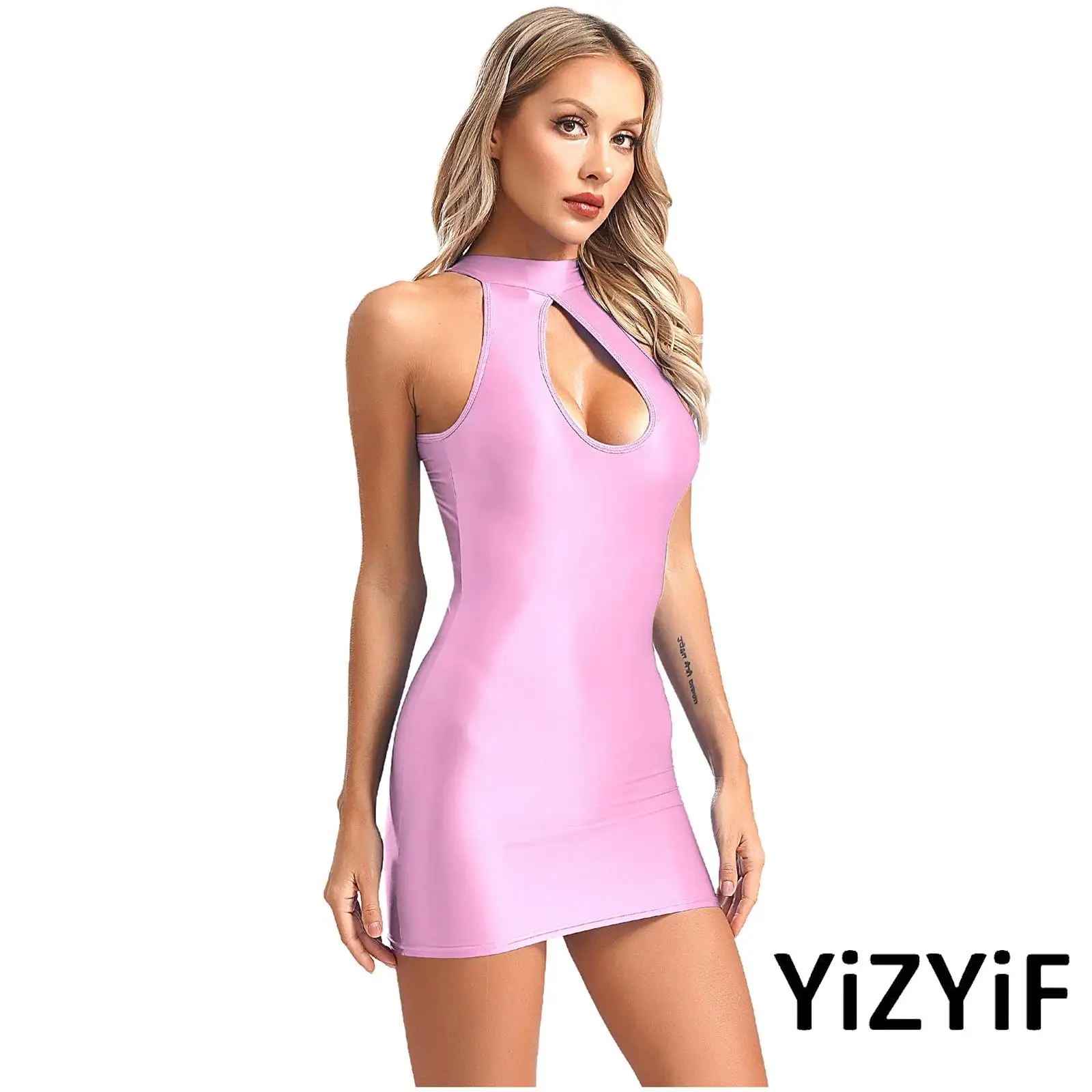 Womens See Through Tempting Bodycon Dress Glossy Backless Hollow Out Mini Dress Nightclub Costume Babydoll Lingerie Nightwear