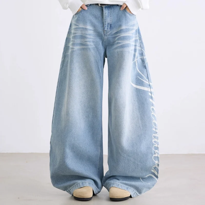 MWJLPWQ Spring Autumn Letter-Printed Wide-Leg Jeans For Men Loose American High Street Straight Pants Versatile Stylish 20323