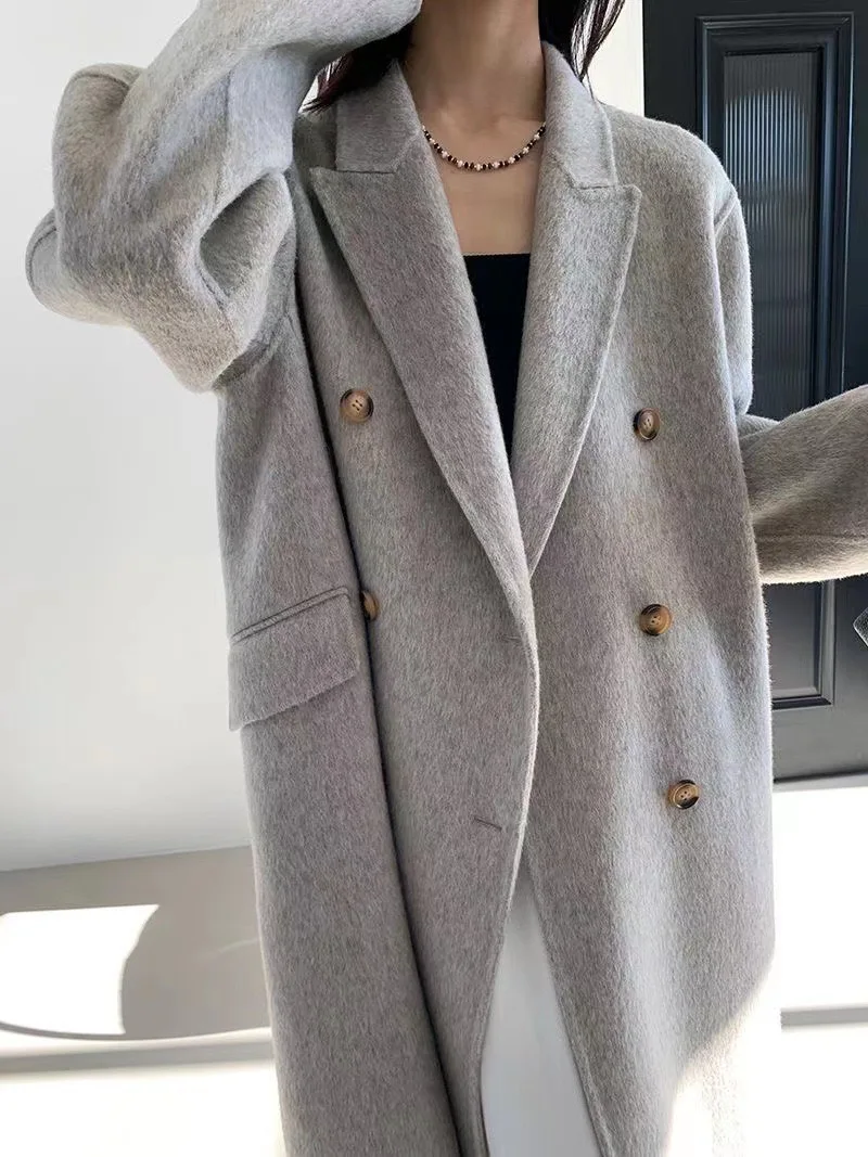 Women 2024 Winter Gray Thick Woolen Coats With Button Loose Long Sleeves Pocket Ladies Elegant OverCoat