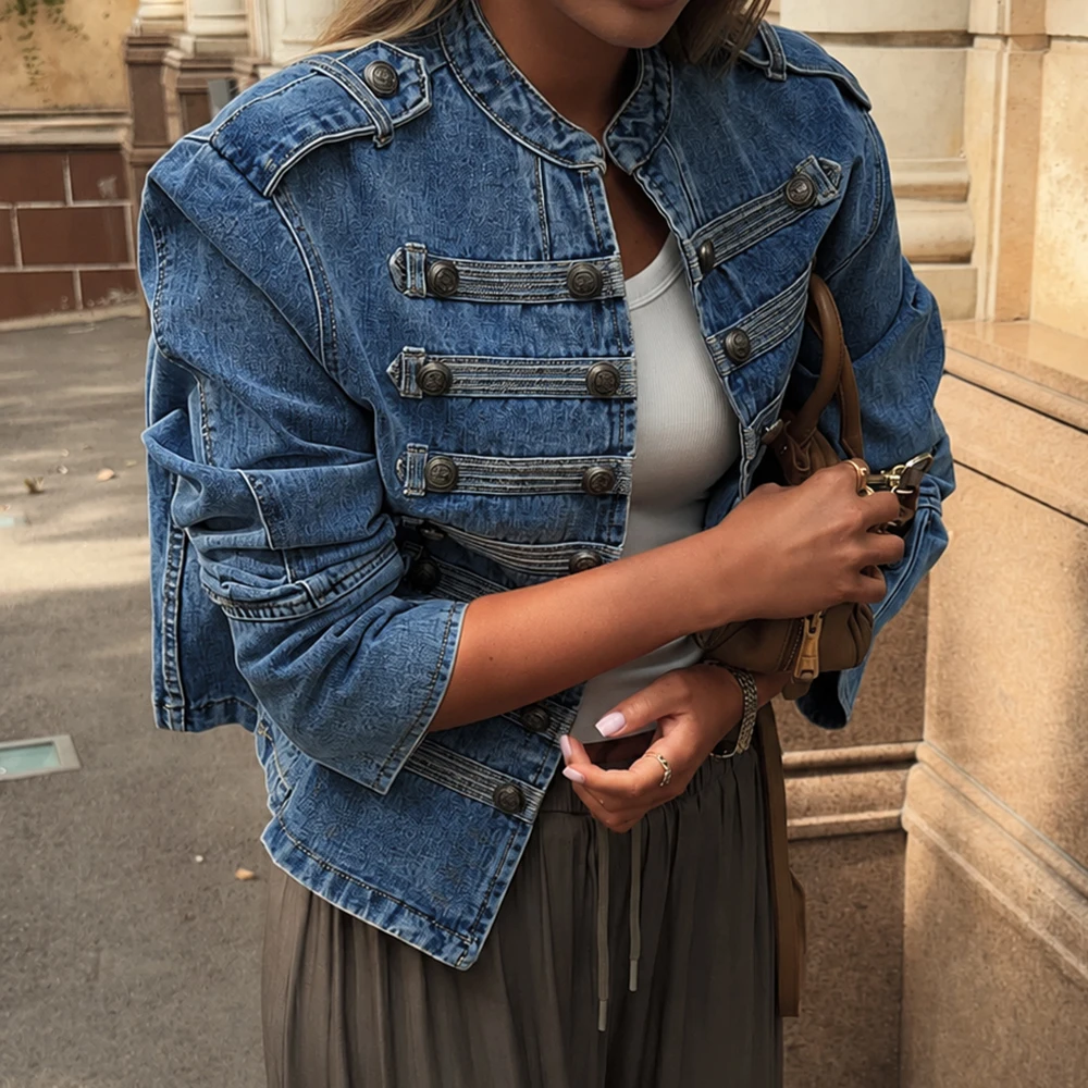 Tuularose Streetwear Casual Button Split Short Denim Jackets Women Fashion Spring Autumn Stand Collar Long Sleeve Jean Jacket