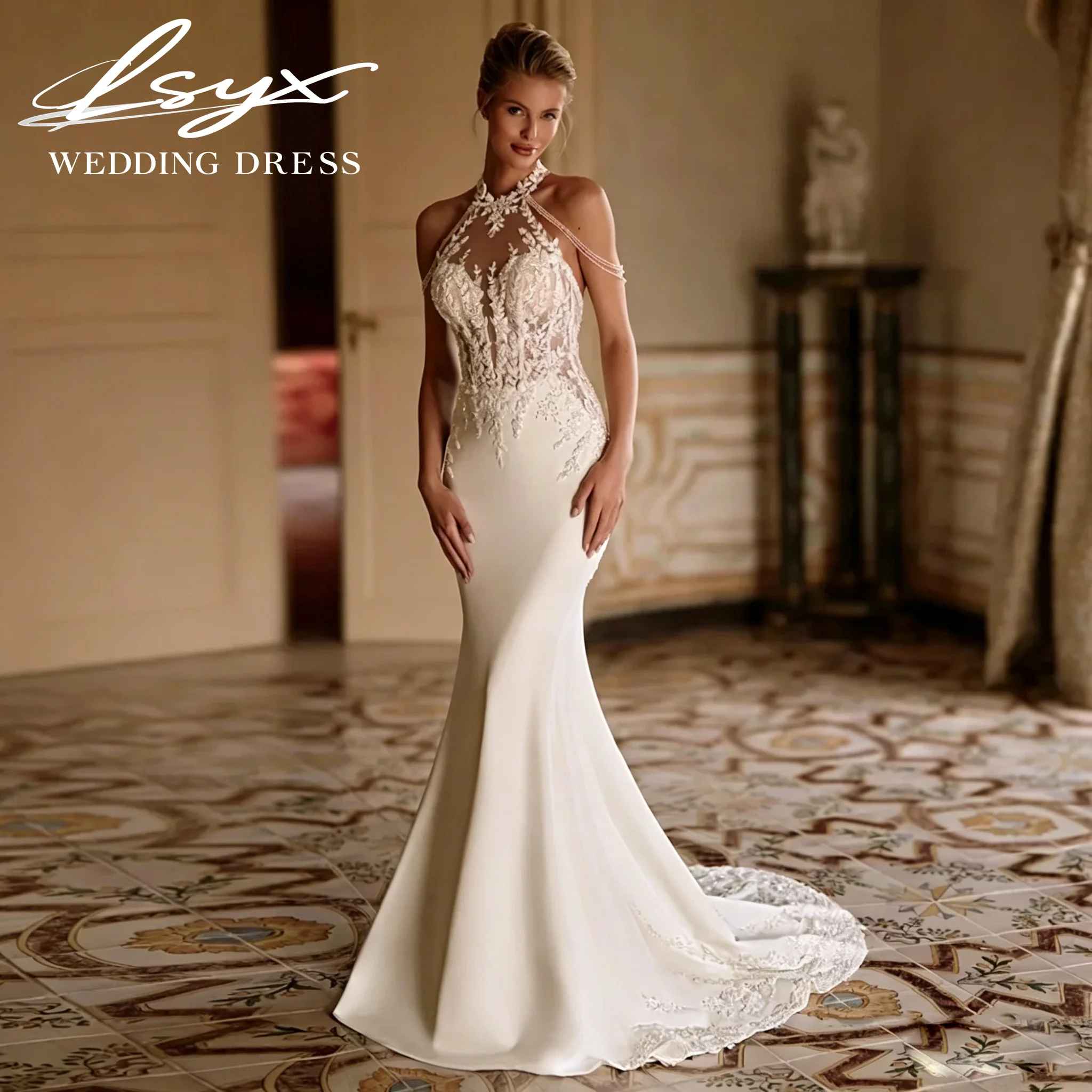LSYX Halter Neck Mermaid Wedding Dress Lace Beaded with Chain Off Shoulder with Train Bridal Gown Vestido de Novia Customized