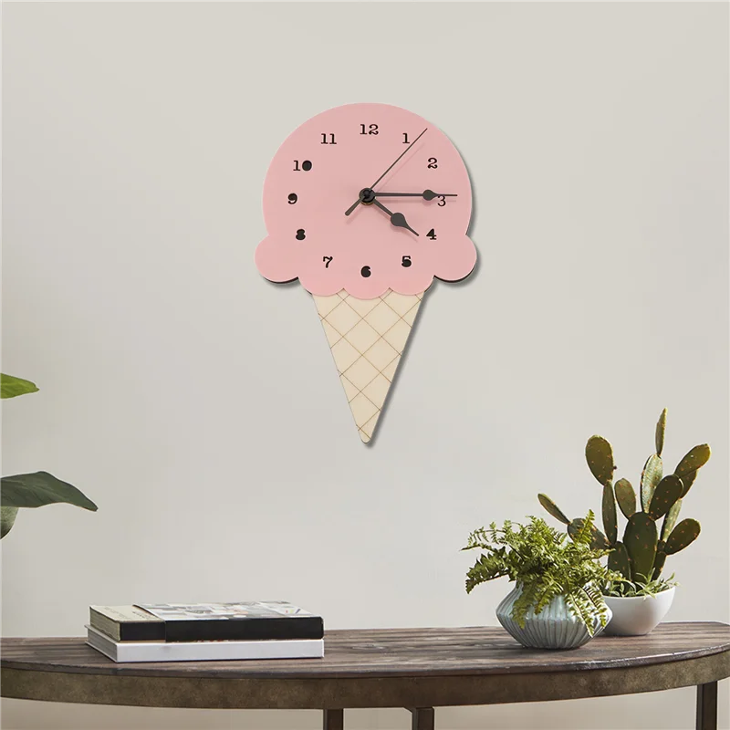 ABWR-Nordic INS Style Ice Cream Sharped Wall Hanging Clock, Cartoon Silent, Non-Ticking Battery Powered For Children Bedroom