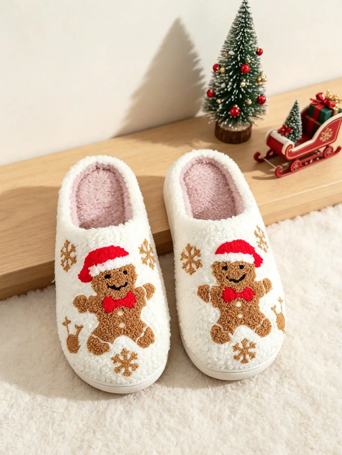 The Newly Launched Autumn And Winter Holiday Season Features Cute Gingerbread Men, Thickened Plush Anti-Slip And Warm Indoor And Outdoor Bedroom Family Slippers With Heart-Shaped Patterns For Christmas And Valentine's Day
