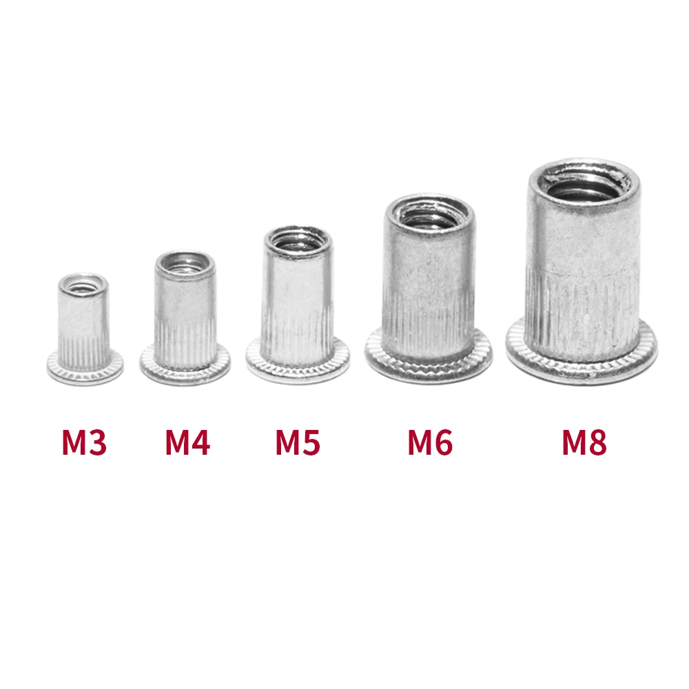 Alumínio Rivet Nut Kit, Metal rebites roscados, cabeça chata Rivnuts, Inserir Nutsert, 100 pcs, M3, M4, M5, M6, M8