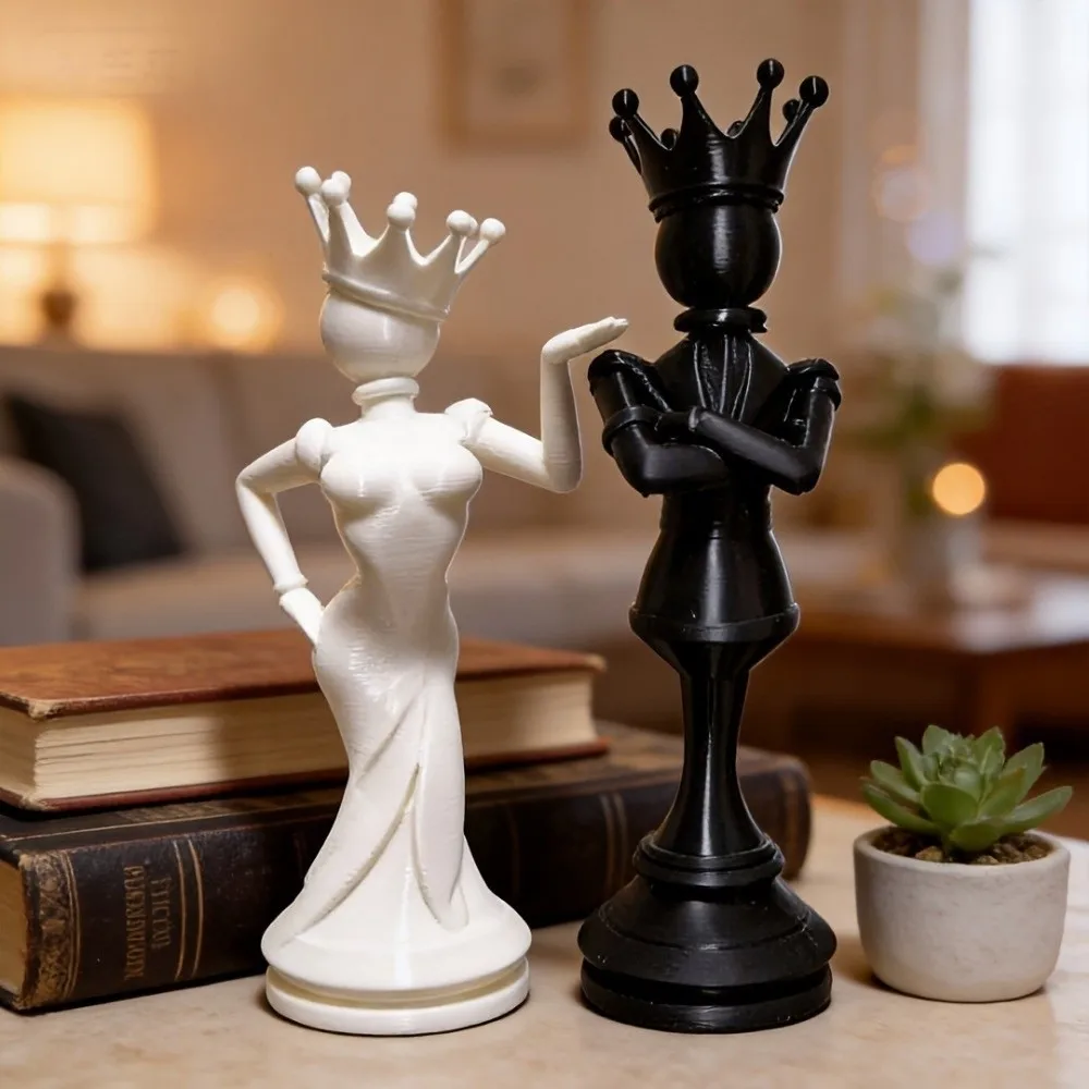 2pcs 3D Printed Chess Couple Statues Creative Sculpture Queen King Statue Decoration Persons Figurine Chess Enthusiasts