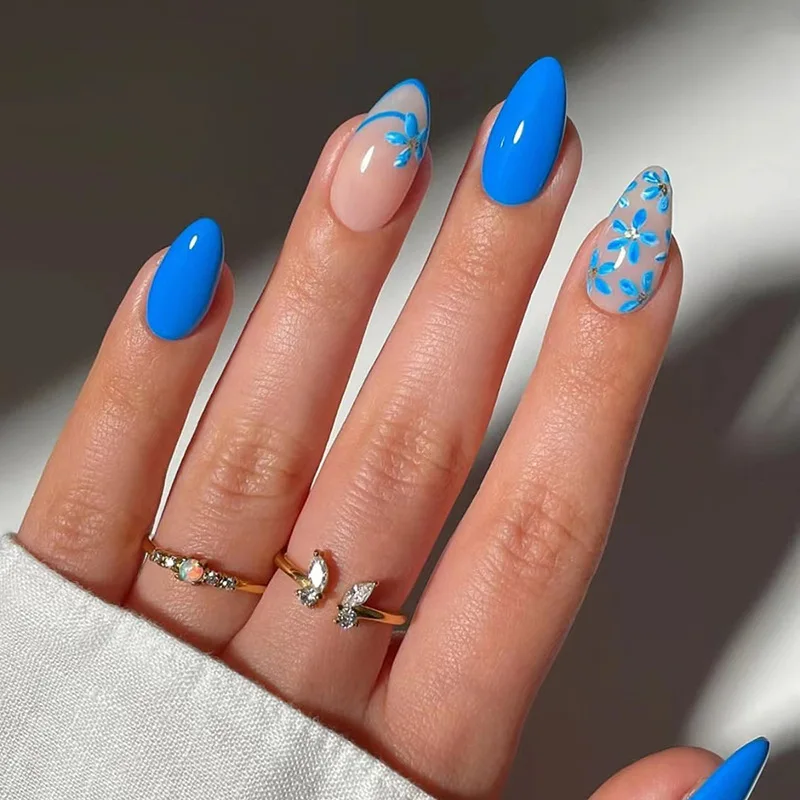 24 Stück kurze, runde Kopf-Mandel-Kunstnägel mit Blumen, Grasmuster, tragbar, Kunstnägel, Tipps, Sommer, vollständige Abdeckung, zum Aufdrücken der Nägel – Detail 3