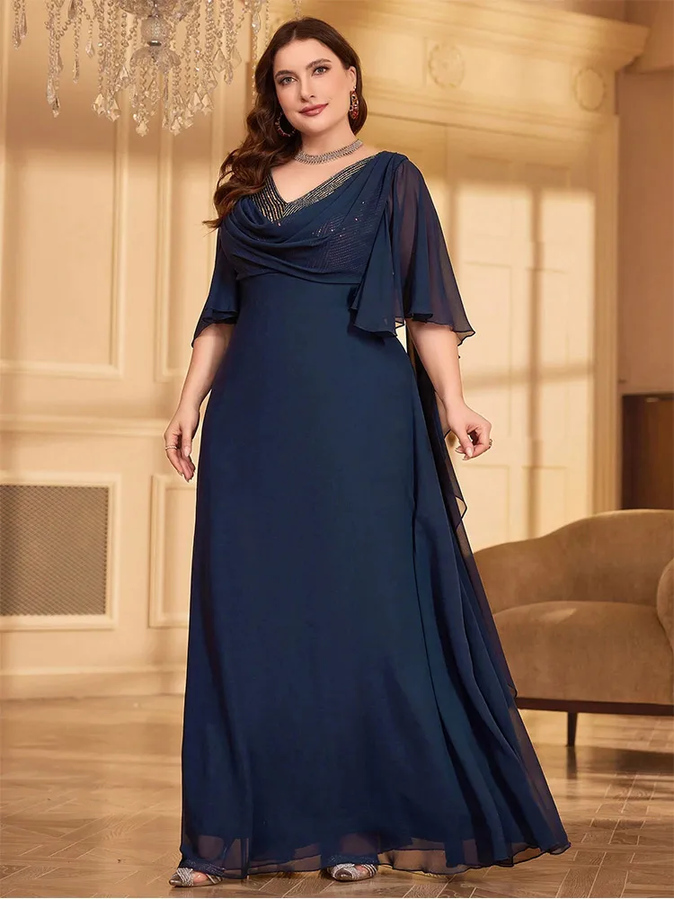 Plus Size Wedding Banquet Bridesmaid Dinner 4xl 5xl Floor-Length Chiffon Sequined Colorful Evening Dress Big Size Prom Drss