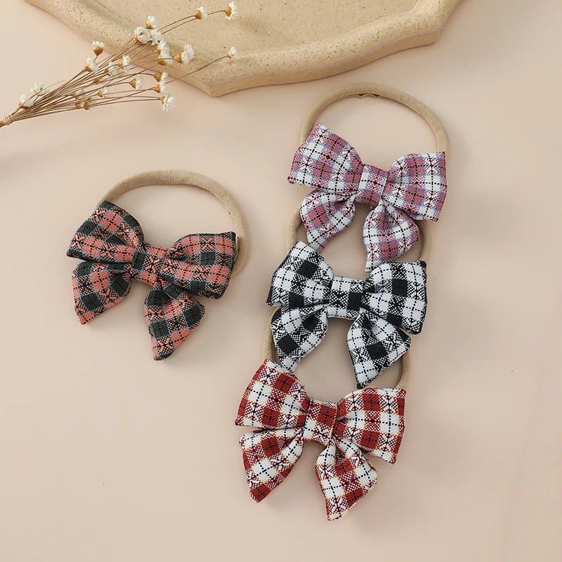 30pc/lot New 3inch Classic Tartan Bows Nylon Headbands Hair Clips For Baby Girls Infant Girl's Plaid Bow Elastic Nylon Hairbands