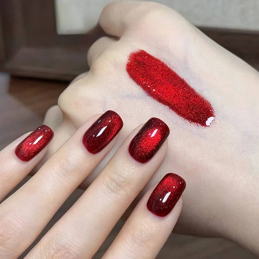 

WS New Years Nails Red Cat Eye Gel Nail Polish Versatile Autumn And Winter Explosive Sparkling Crystal Cat Eye Nail Art Xmas