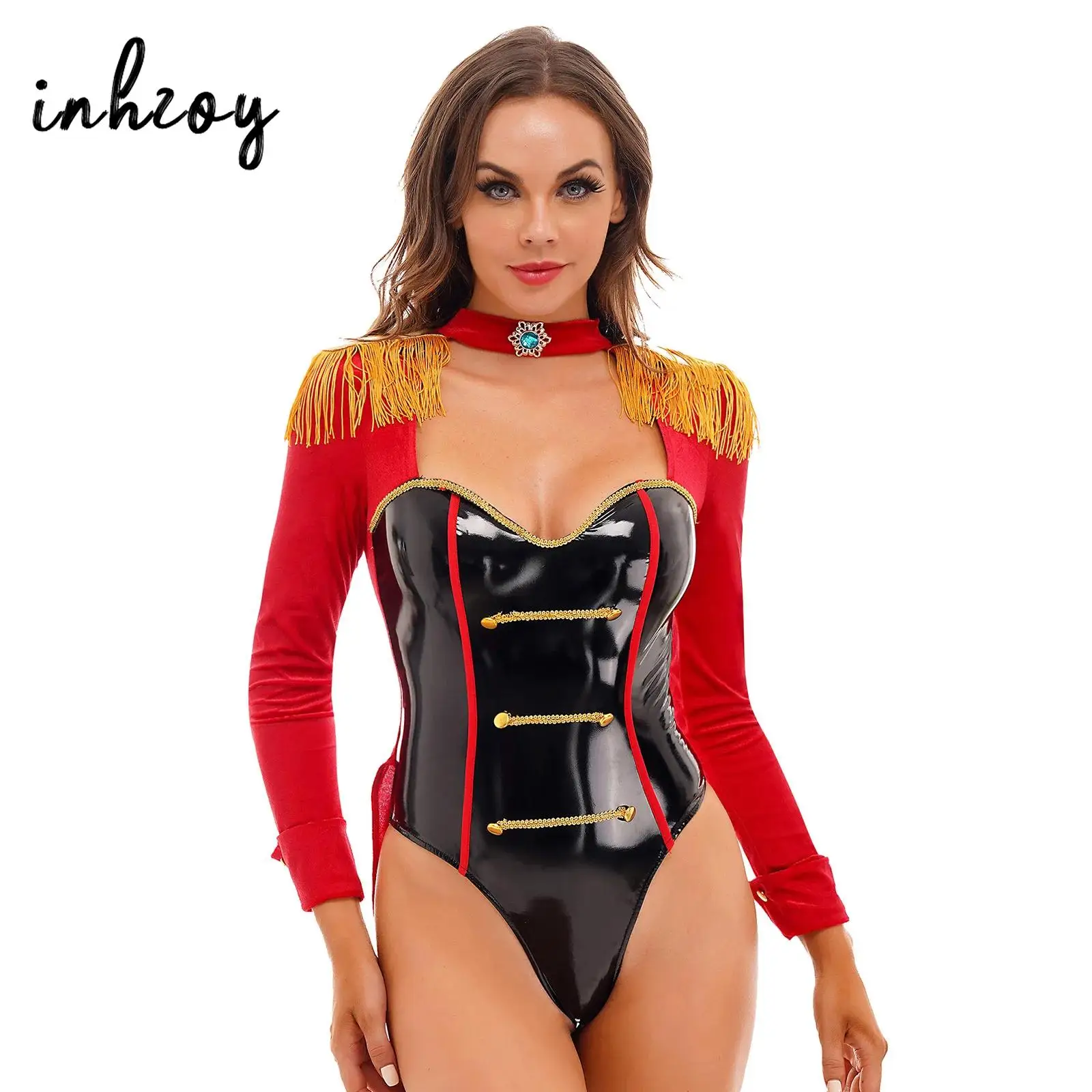 

Women Circus Ringmaster Jumpsuit Lion Tamer Showman Costume Holiday Party Leather Sexy Cosplay Bodysuit Swallow-Tailed Leotard