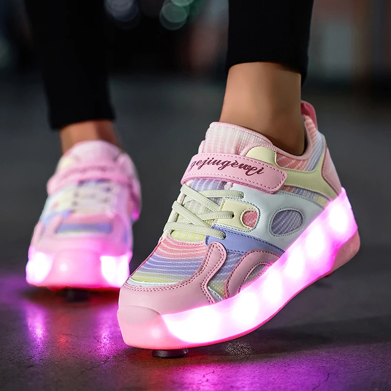 

Children's Four-Wheeled Brake Light Walking Shoes New Sizes 29-41 Comfortable Breathable Soft PU Upper Anti-Slip Rubber Sole