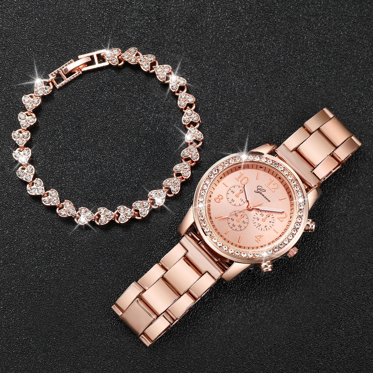 4 Teile/satz Mode Drei Augen Zifferblatt Edelstahl Straps frauen Casual Quarzuhr Armband Silber Rose Gold Set