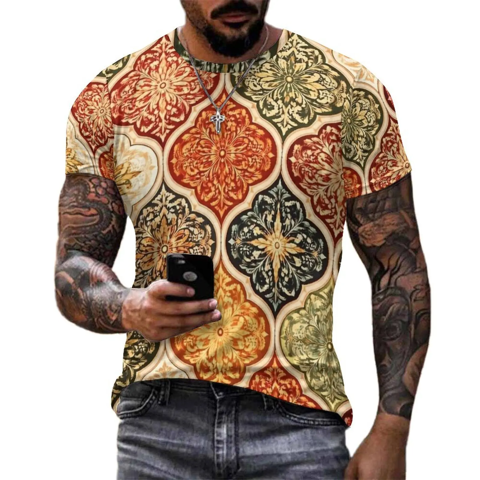 Vintage Floral Moroccan Tile Print T-Shirt Man Streetwear T Shirts Beach Harajuku Tee Shirt Short Sleeve Custom Big Size Clothes