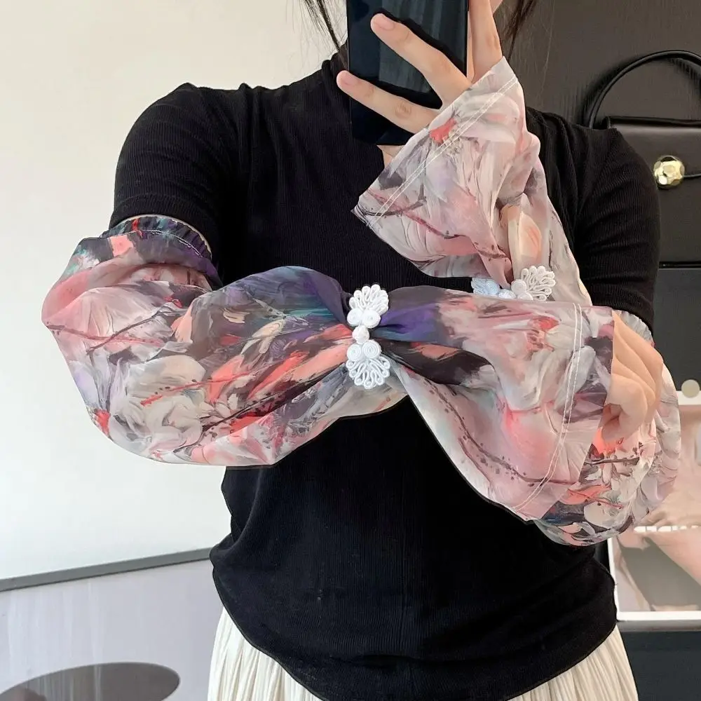 النمط الصيني مشبك مطبوعة الحرير الجليد الأكمام زهرة الأشعة فوق البنفسجية العزل الشيفون واقية من الشمس كم طويل الأكمام قفاز المضادة للأشعة فوق البنفسجية