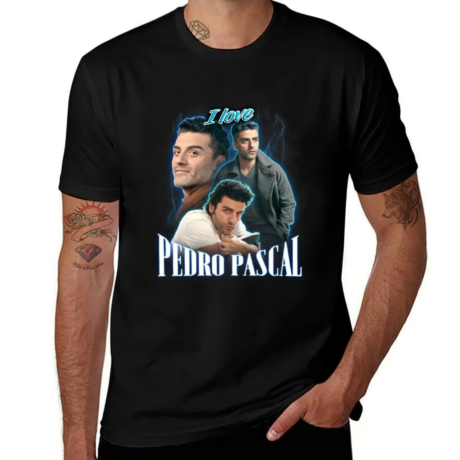 

I Love Pedro Pascal Oscar Isaac Cursed Fan Collage T-Shirt for a boy Short sleeve tee heavy weight t shirts for men