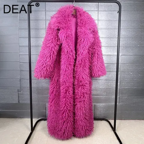 DEAT 2025 Autumn Winter New Fashion Beach Wool Faux Fur Coat For Women Suit Collar Solid Color Long Overcoat Female 11A07448