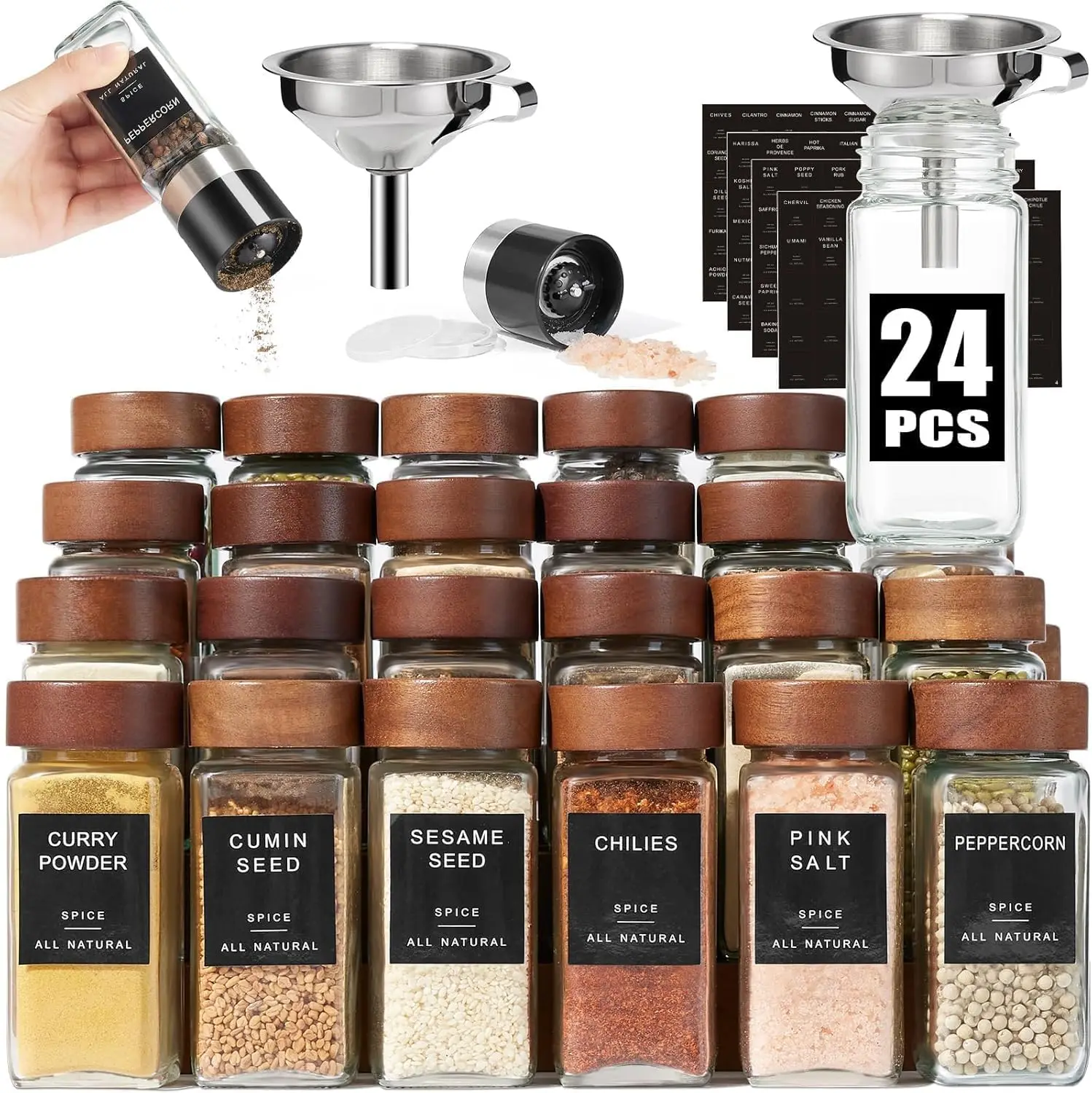 

24pc 4oz Square Glass Spice Jars with Airtight Wood Lids, Labels, Funnel & Grinder