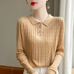 Women's sweater autumn/winter 100% pure wool pullover casual solid color knitted Tops Japanese/Korean loose POLO collar Blouse