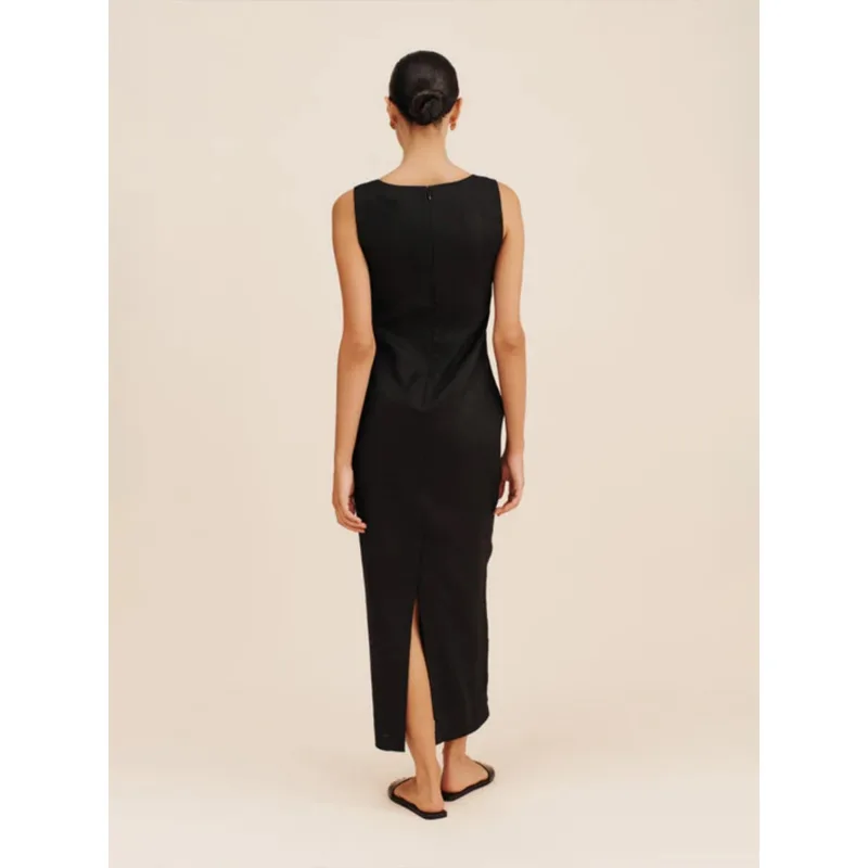 Vestido regata de linho respirável, gola quadrada, verão, casual, cor lisa, alça larga, moda feminina, sem costura, longo, maxi, novo