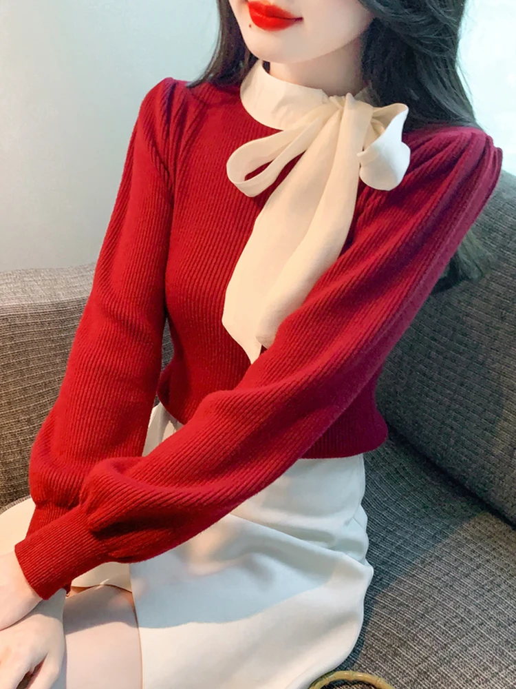 المرأة الخريف الشتاء موضة جديدة التباين اللون المرقعة الحياكة البلوفرات الكورية نمط الحلو مزاجه القوس سترة حمراء
