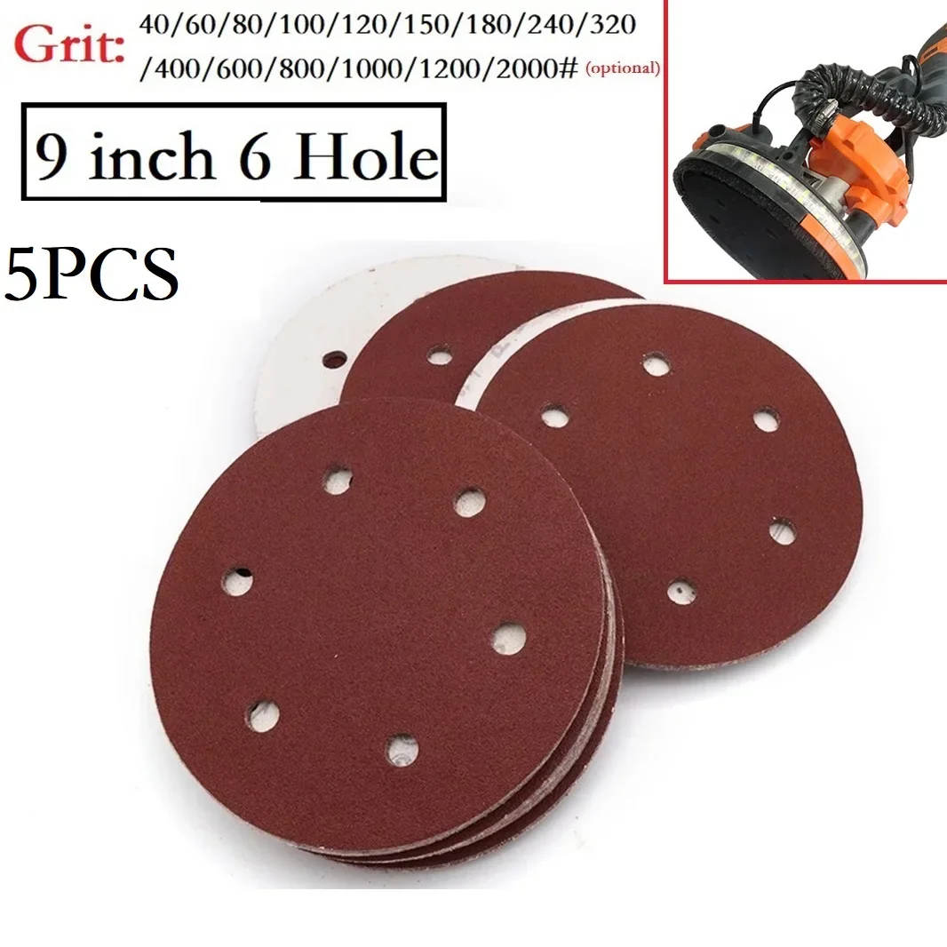 5pcs 9inch 6 Holes Abrasive Sandpaper Hook And Loop Sanding Disc 40-2000grit For Wood Stone Grinding Polishing Tools Accessories