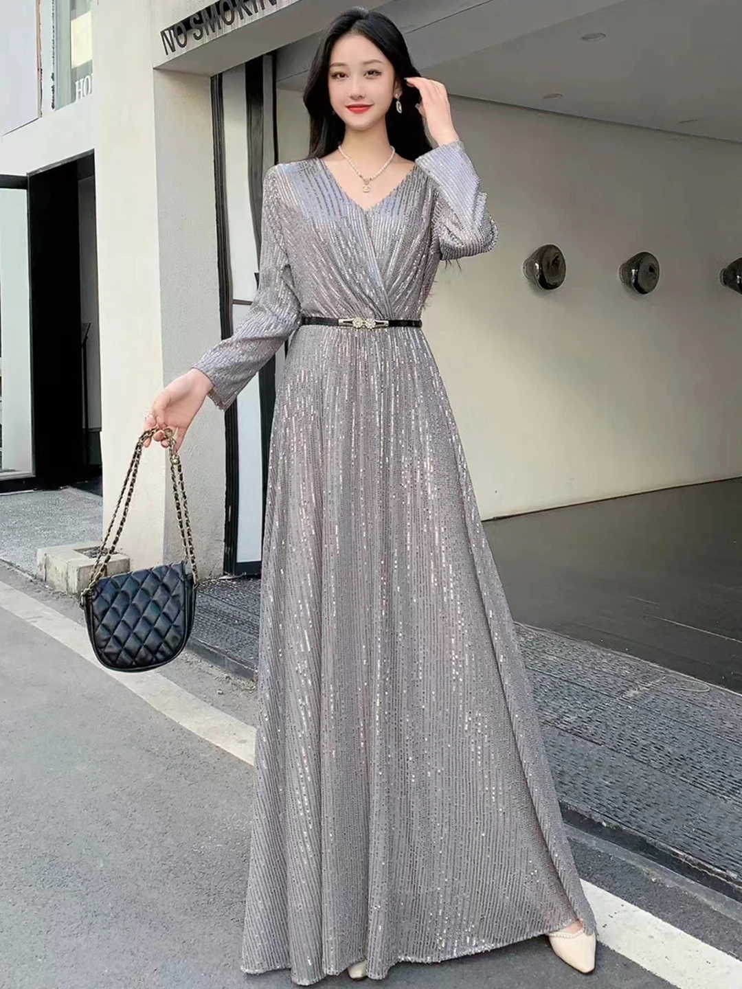 2024 New Spring Autumn Women V-Neck Long Sleeve Belt Slim Long Dress High Quality Fashion Shiny Sequinned Big Hem Elegant Dress