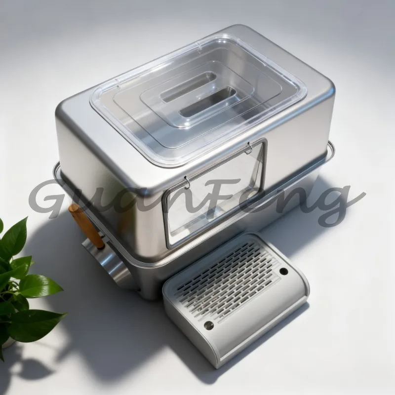Large Stainless Steel Cat Litter Box, Splash-proof Semi-closed Cat Toilet, Large Space Ventilated Open Indoor Cat Litter Box