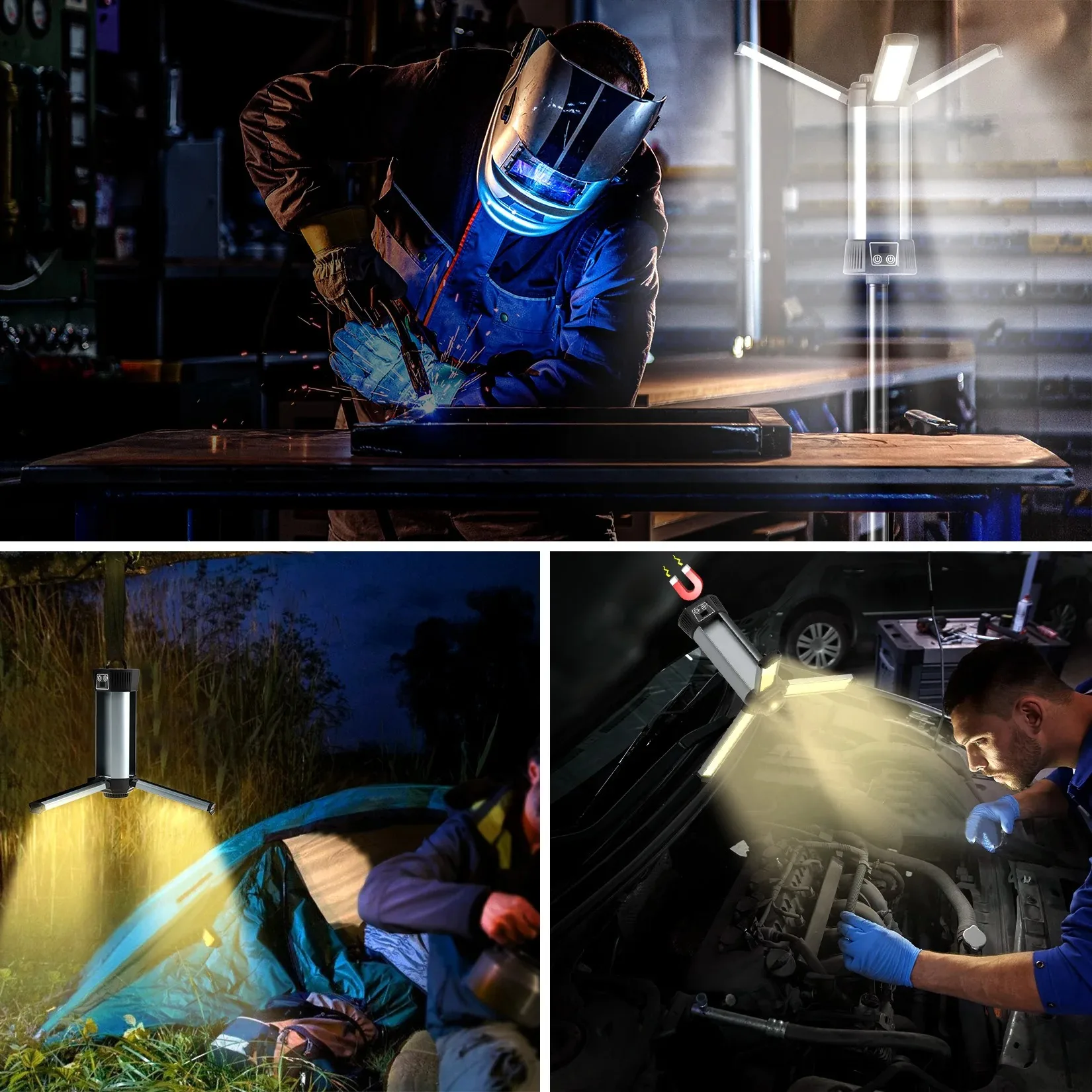 Luz LED de trabajo para exteriores de 6000mAh con soporte, luz de trabajo inalámbrica con COB, luz de trabajo regulable telescópica para Camping al aire libre