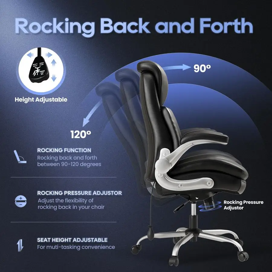 Chair Big and Tall High Back Executive Office Chair Ergonomic Home Computer Desk Chair with Padded Flipup Arms, Adjustable Lumba