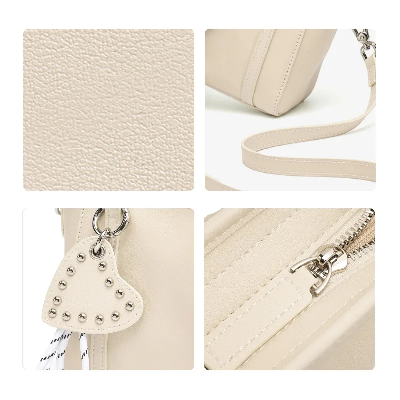 Aidrani Ladies Soft Cowhide Crossbody Bag, Mini Top‑Handle Tote Purse With Heart Rivet Pendant, Removable Strap Daily Shoulder
