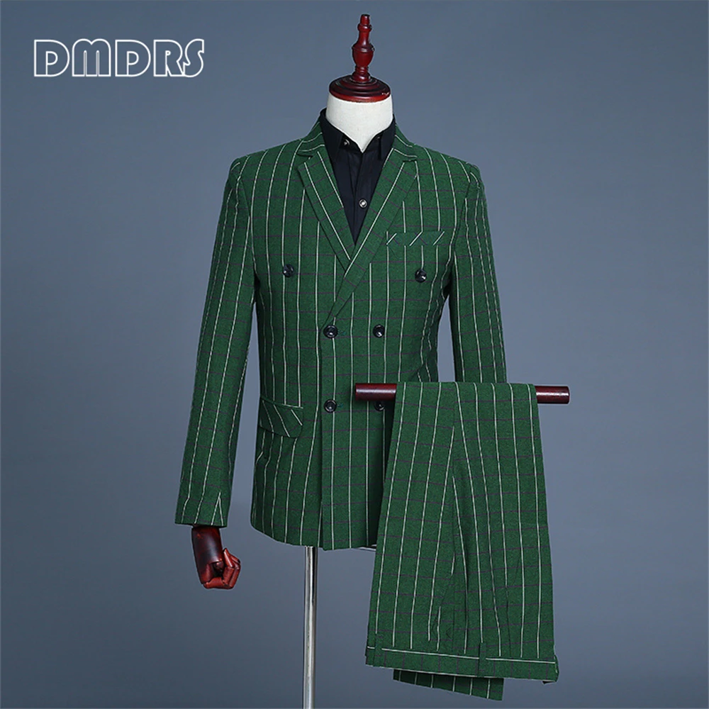 

Vintage Green Plaid 3 Pieces Men's Suit Set Double Breasted Notched Lapel Suits For Men Jacket Vest Pants Tuxedo Plus Size