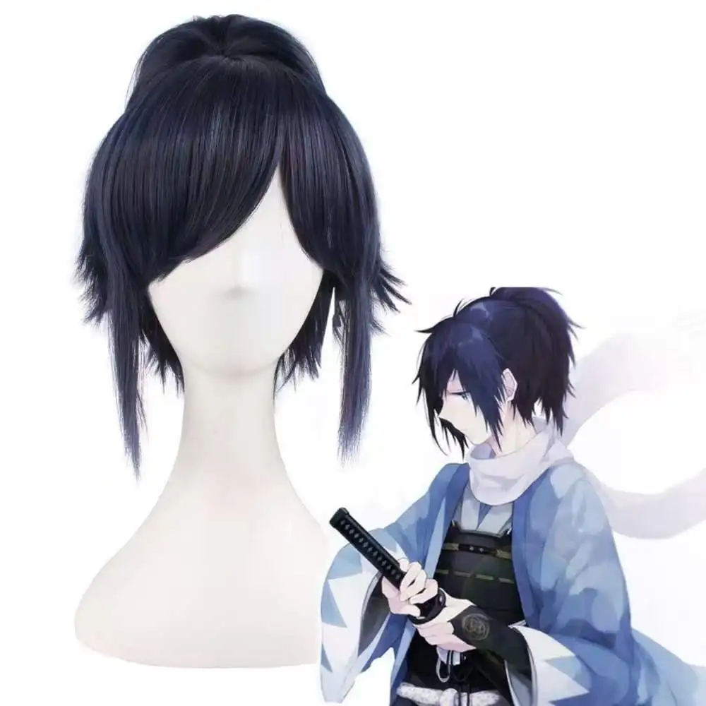 Yamatonokami Yasusada Anime Character Cosplay Wig Black Blue Claw Clip Ponytail Wig Rose Net Heat Resistant Synthetic Fiber