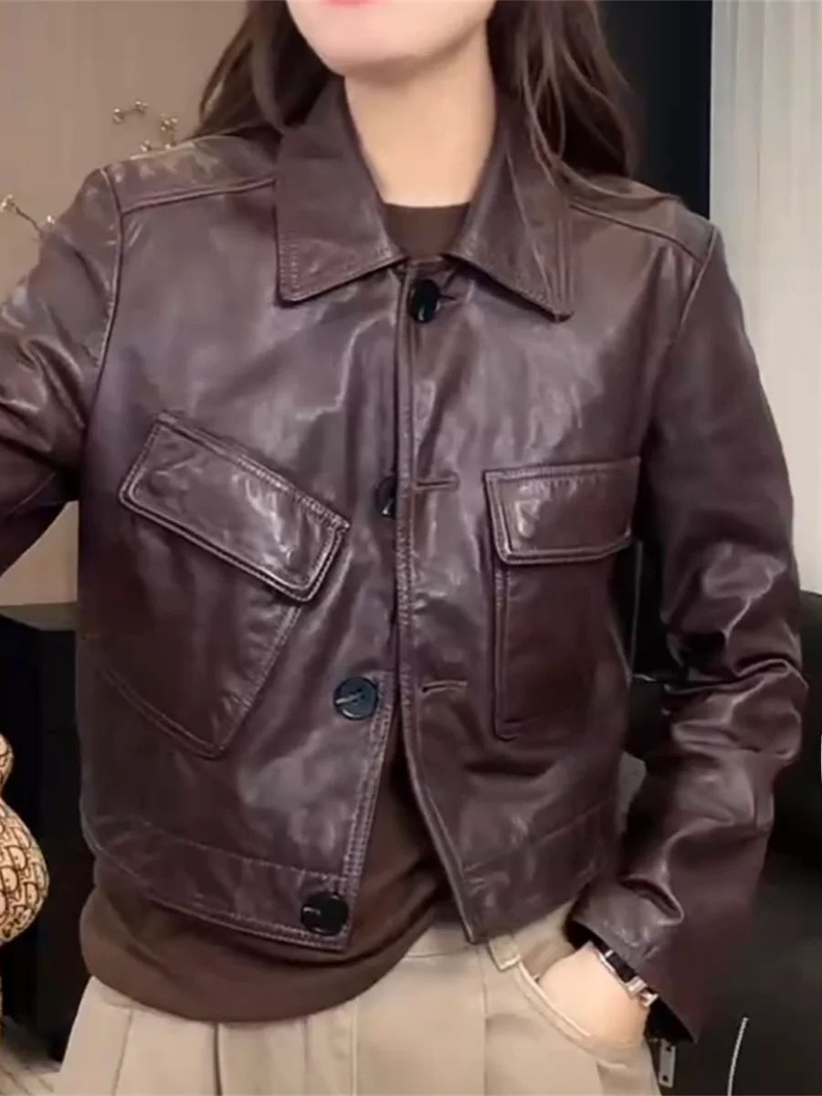 

ning 2025 Autumn New Sle Women's ort Genuine Leather Jaet Biker Workwear Slim Fit Vintage ort Coat