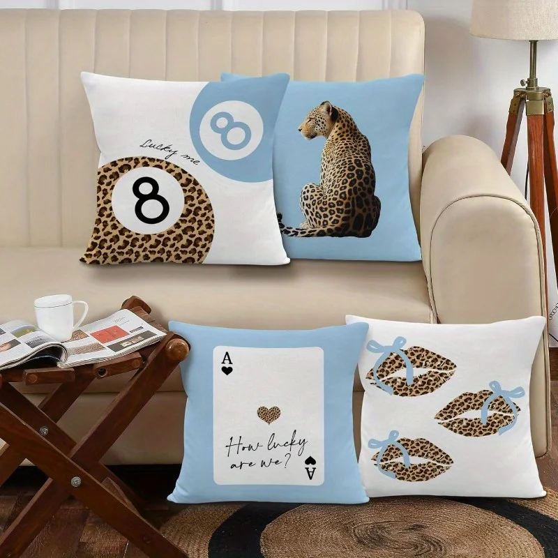 4-Piece Throw Pillow Set Featuring Lucky Number 8, Leopard Print, and Playing Card Designs for Home Decor