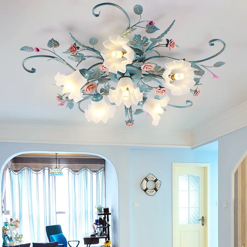 Blue pastoral ceiling lamp rose wrought iron vintage room bedroom