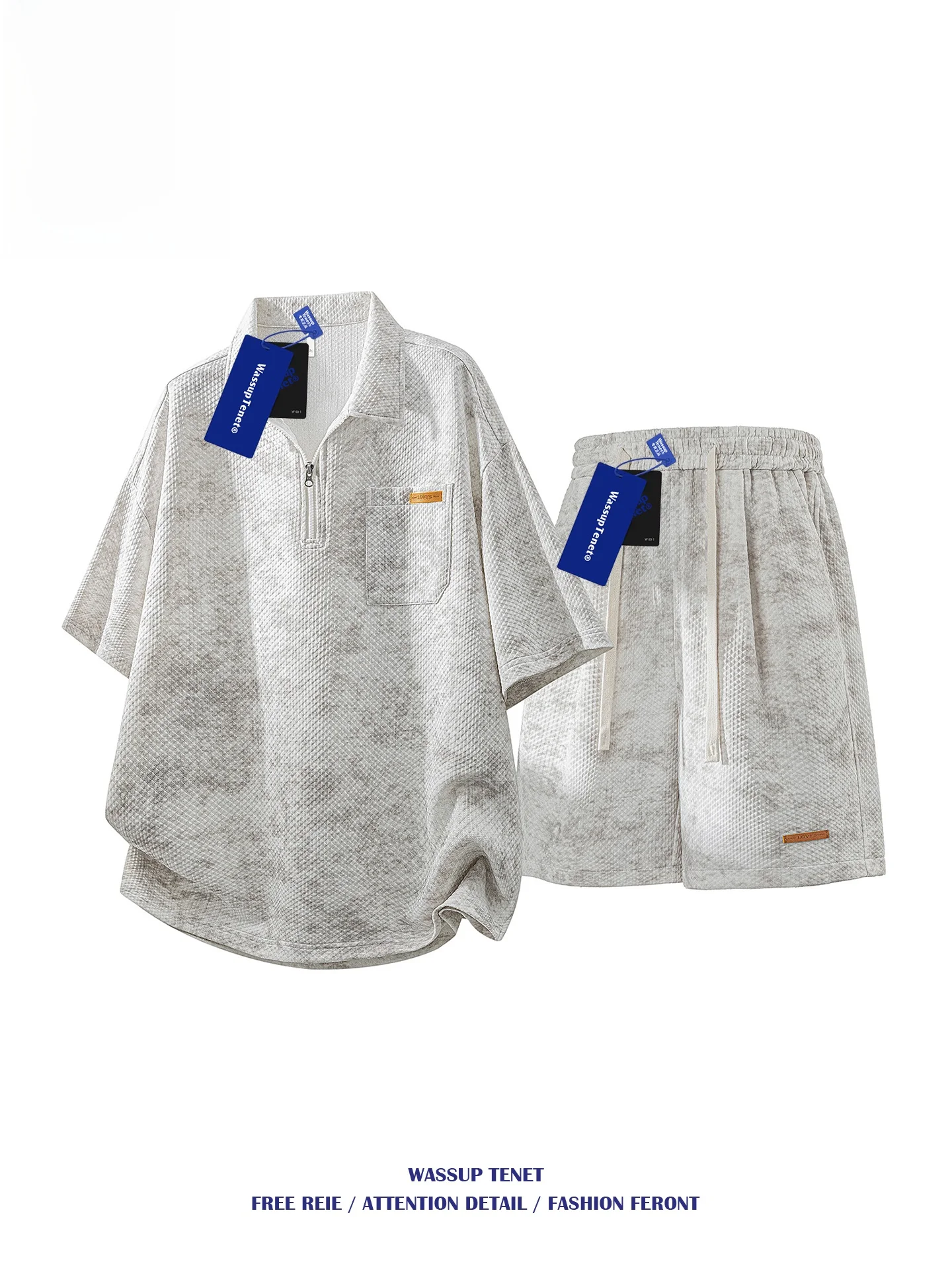 Wassup Tenet American Style Dyed Short Sleeve Shirt Men's Summer Loose Casual Sport Shorts Set Polyester Spandex Blend