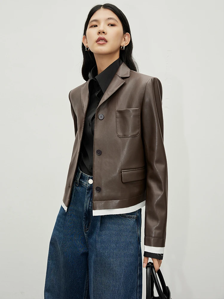 

Effortl Sle ortened Patchwork Jaet Small Collar Design PU Leather Coat by n You Commute Sle Polyester Fiber