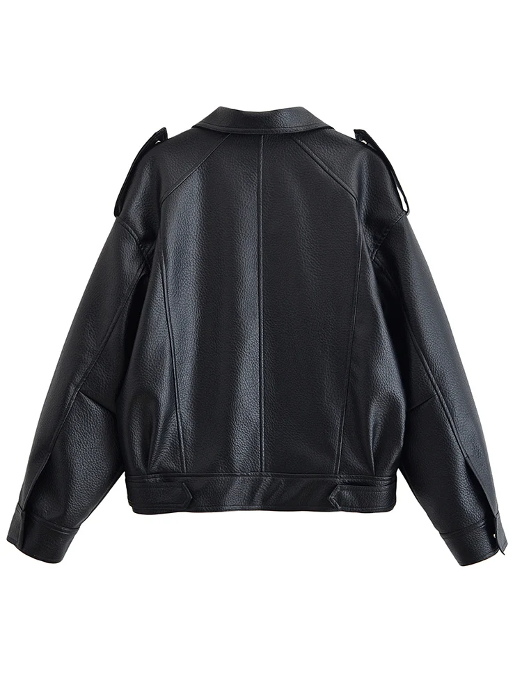 European style new women's fashion versatile temperament loose slim shoulder textured leather jacket coat