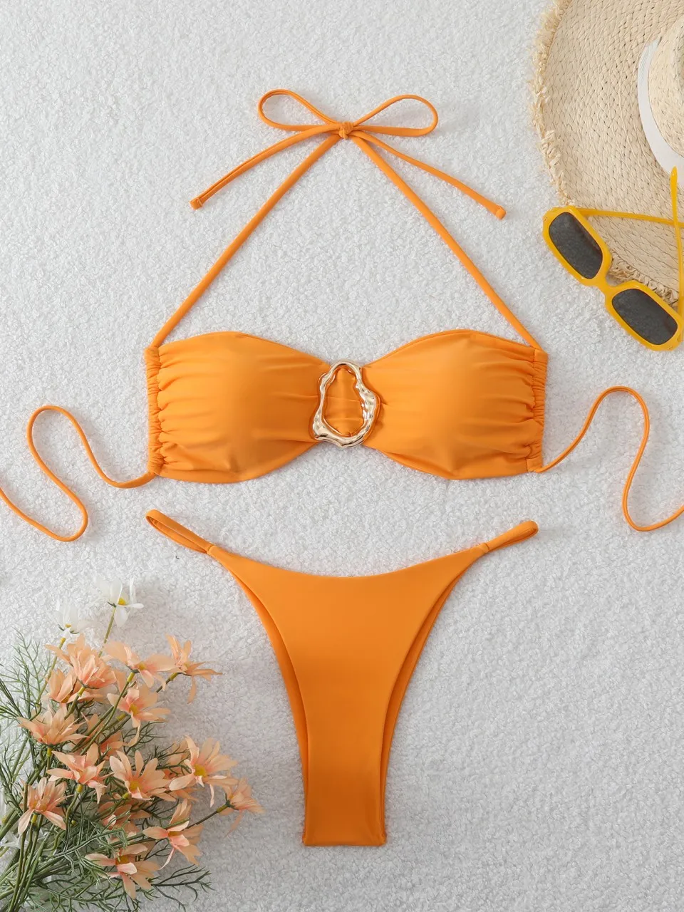 String Halter Bikini 2026 Thong Swimsuit Women Solid Metal Linked Swimwear Female Bathers Bathing Swimming Suit Padded Beachwear