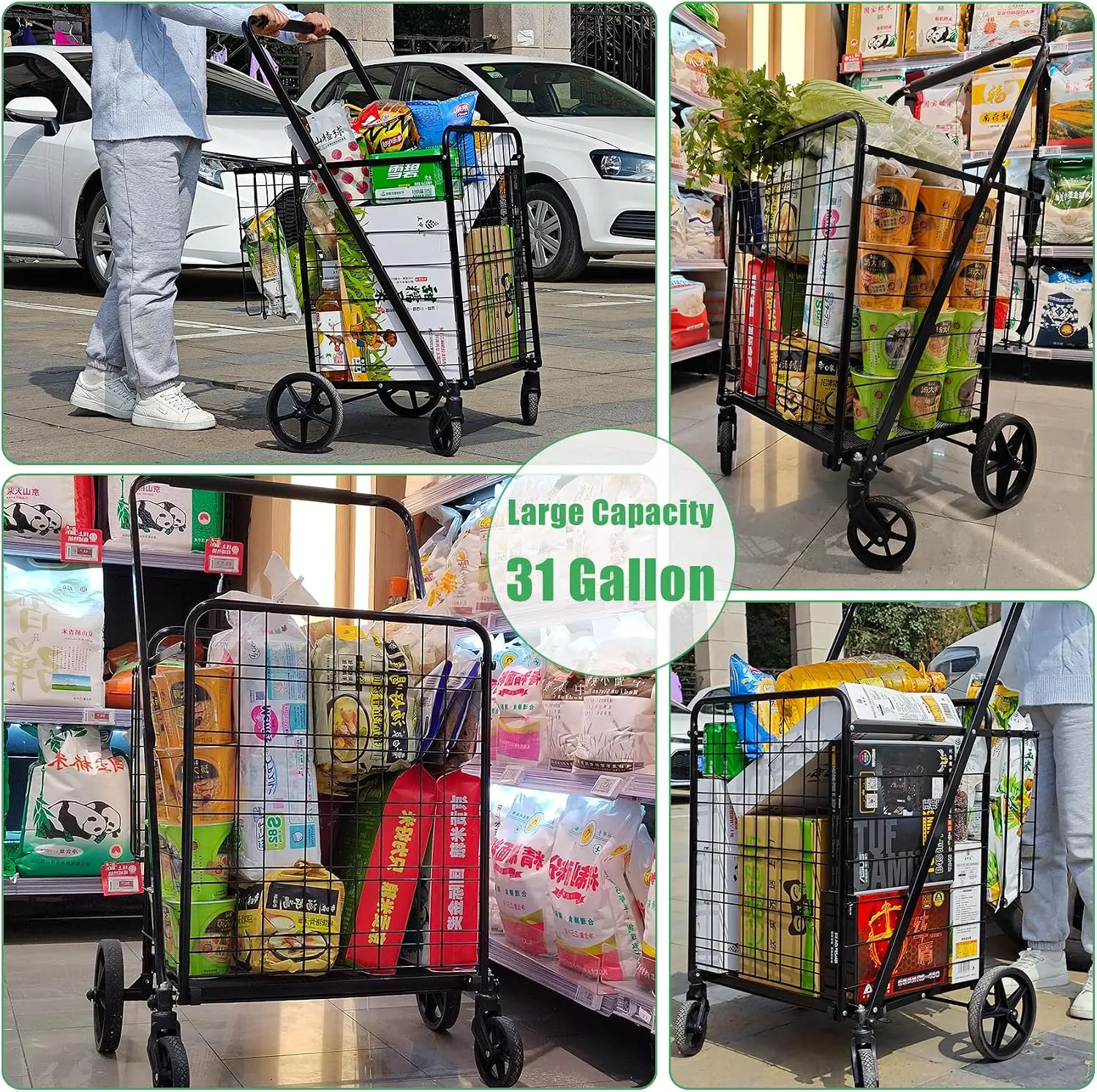 Heavy Duty Folding Shopping Cart With 360 Swivel Wheels Waterproof Grocery Utility Cart Jumbo Laundry Transport Trolley With Large Capacity Storage Bag Silver Black view 8