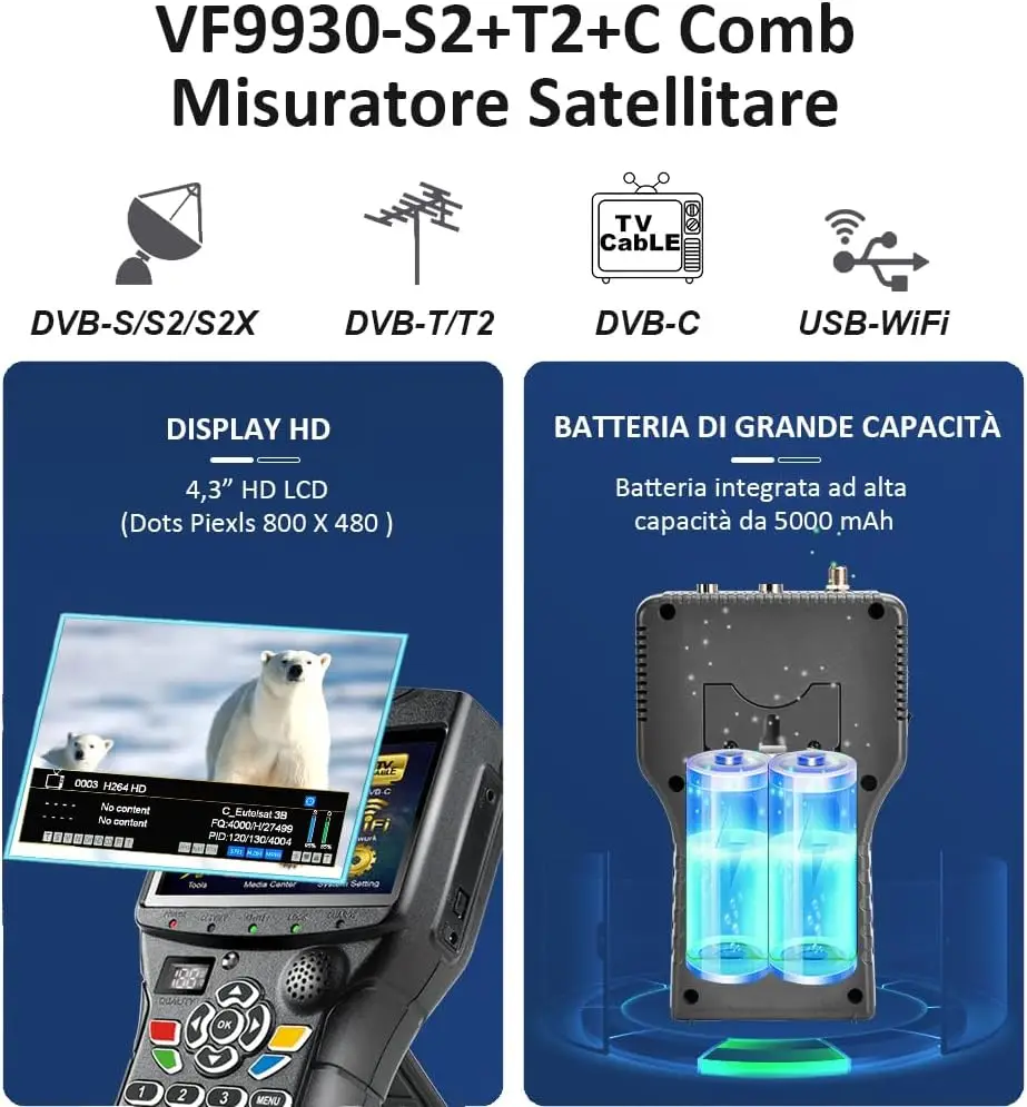 Findsat VF-9930 مكتشف اختياري CCTV DVB-S2/T2 MPEG4 H.265 الأقمار الصناعية مكتشف VF9930 HD Satfinder متر إشارة اختبار 4.3 بوصة LCD