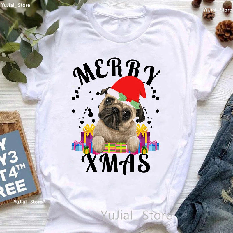 

Merry Xmas Pug Graphic Print Tshirt Girls Funny Kawaii Dogs T Shirt Women Harajuku Shirt Summer Tops Fashion Female T-Shirt