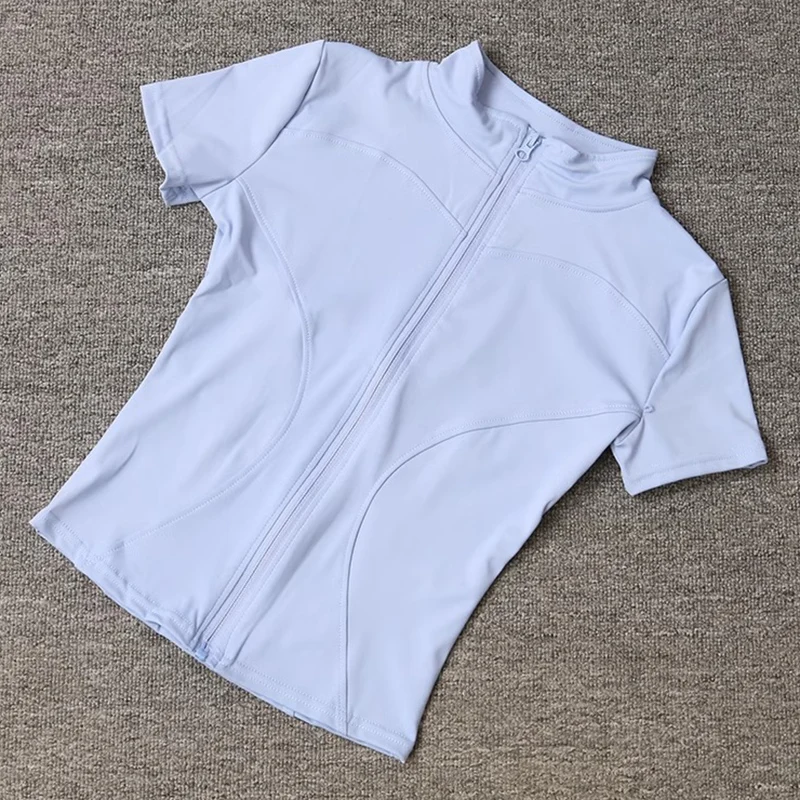 2025 New Tight Stand Collar Yoga Tshirt Women Sports Quick-Drying Full Zipper Short Sleeves T Shirts Woman Slim Fit Crop Tops
