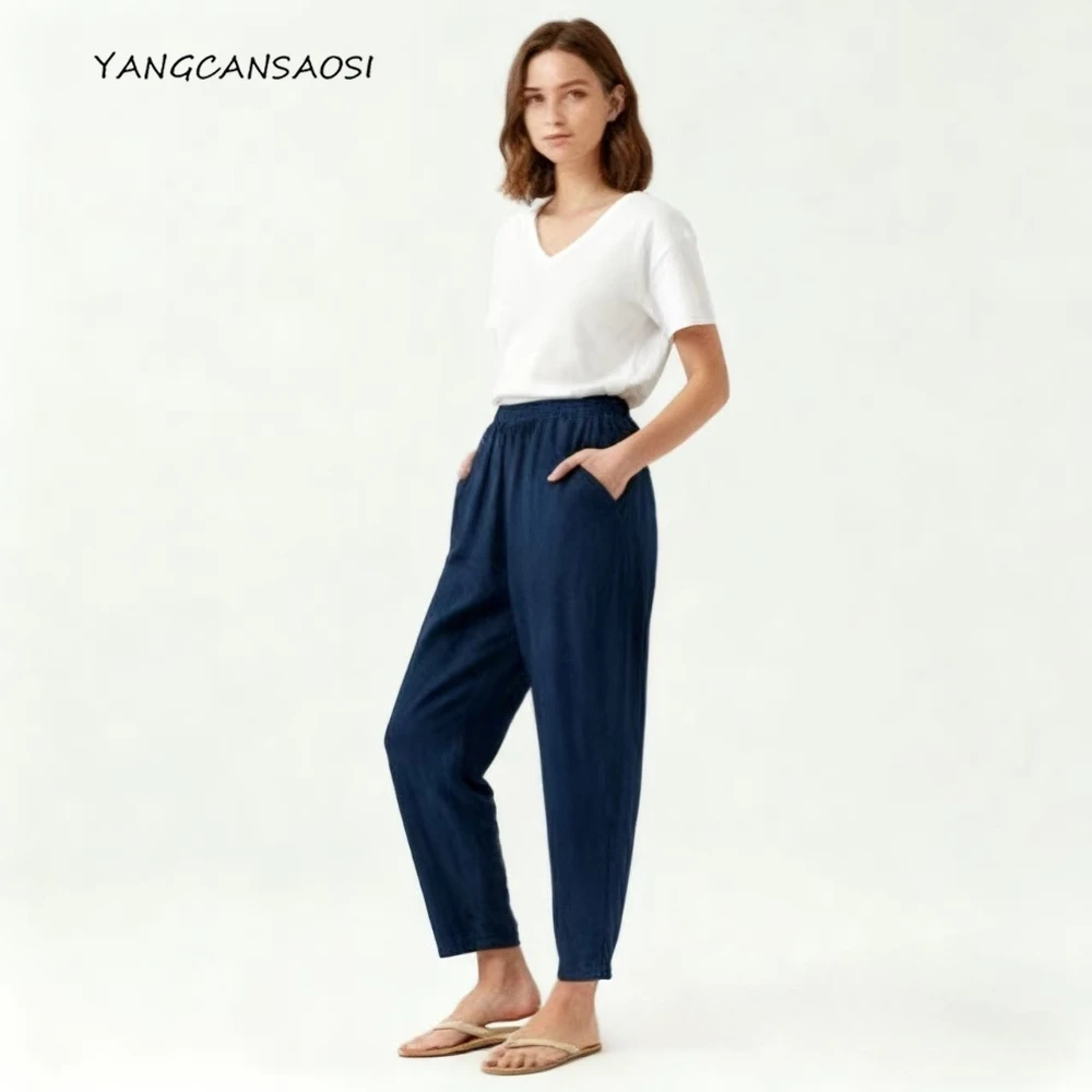 

Women's clothing Blue/Black Reversible 100% Natural Mulberry Silk Gambiered Guangdong Gauze Retro Elastic Waist Straight Pants