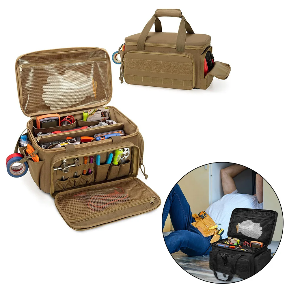 Job Site Use Electrician Tool Bag Padded Tool Bag Elastic Band Holders Modern Tactical Styling PU Coated Anti-Slip Fabric