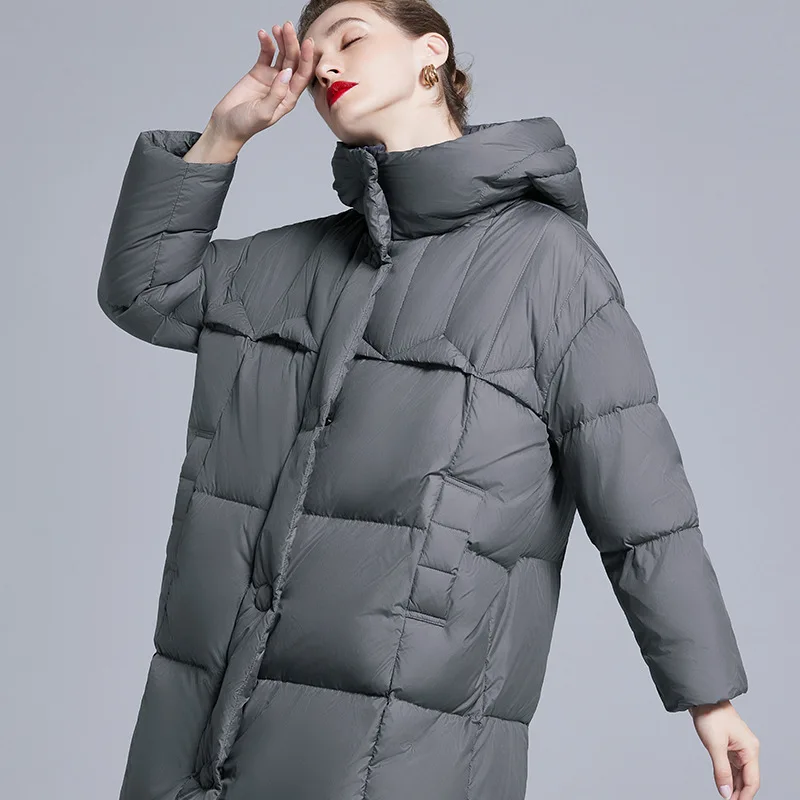 Winter Quilted Down Jacket Women Warm Hooded Mid-Length Puffer Jacket Single-Breasted High-Quality Luxury Trench Coat Windproof