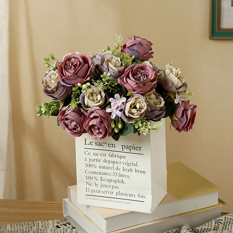 

6PCS Artificial Flowers Silk Peony Plant Vase Table Home Room Yard Garden Decor Wedding Table Centre Arrangement Bridal Bouquets