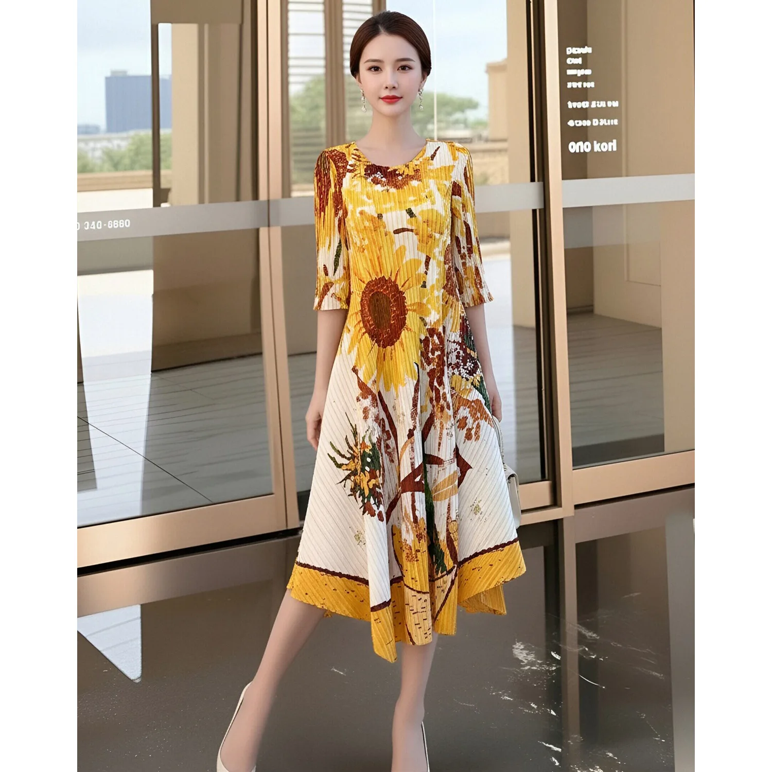

Miyake Orange Pink Floral Print Women's Dress Round Neck Three-quarter Sleeves Pleated Asymmetrical Hem Dresses 2026 Spring New