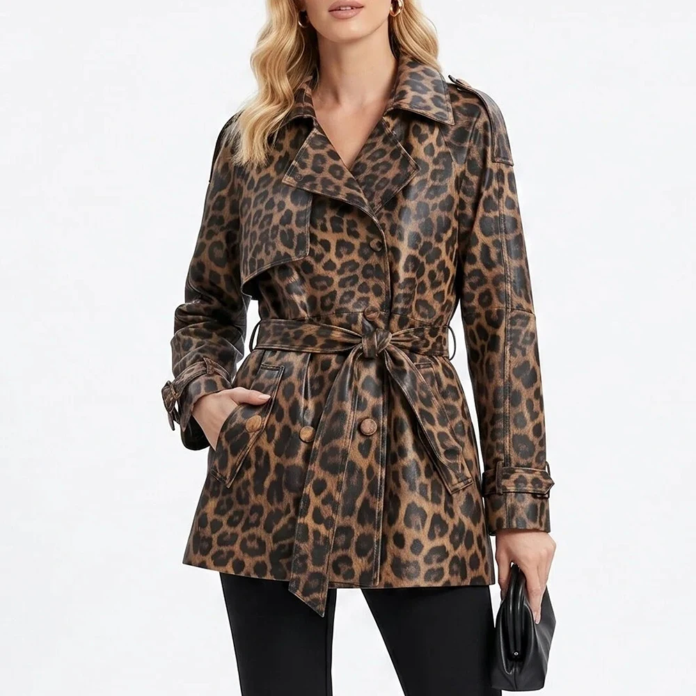 100% Real Leather Mid Length Trench Coat for Women Fashion Leopard Printed Lace-up Belt Female Premium Sheepskin Trench Jackets